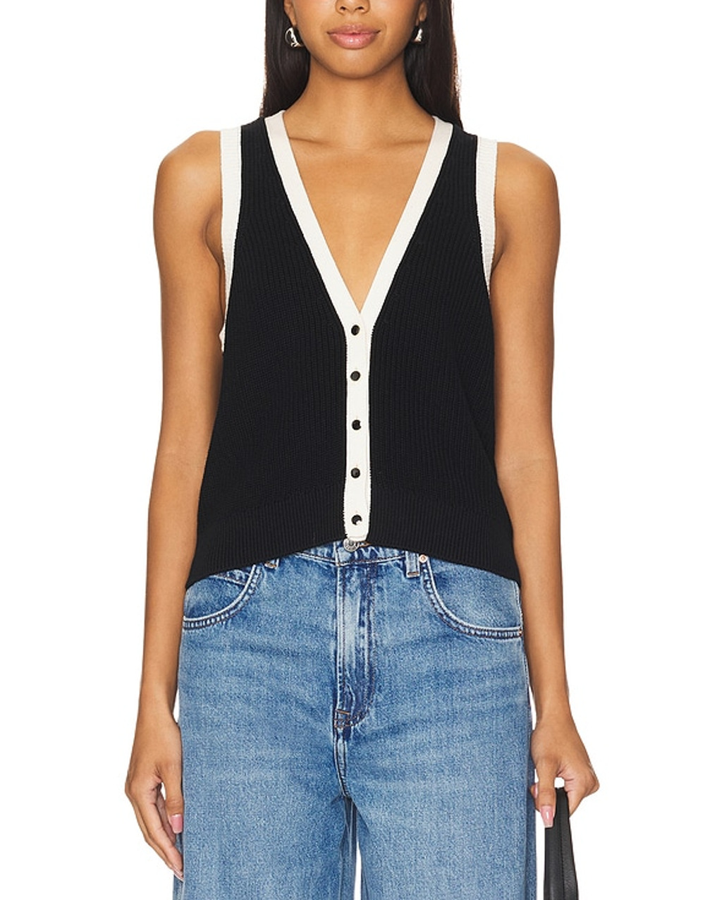 525 Ribbed Black Multi Claudia Shaker Knit Button Vest Size M